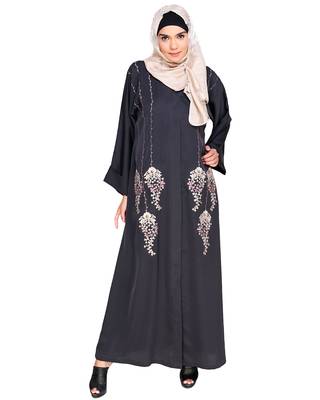 Modest Forever  Dark Grey Embroidered Satin Stitched Islamic Abaya 1