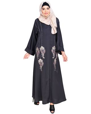Modest Forever  Dark Grey Embroidered Satin Stitched Islamic Abaya 2