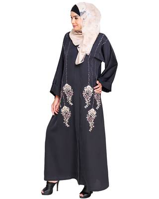 Modest Forever  Dark Grey Embroidered Satin Stitched Islamic Abaya 3