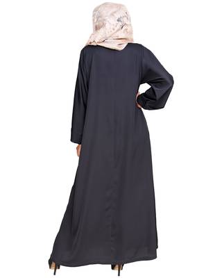 Modest Forever  Dark Grey Embroidered Satin Stitched Islamic Abaya 4