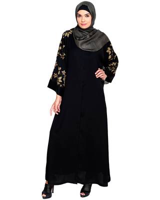 Modest Forever  Black Embroidered Satin Stitched Islamic Abaya 1