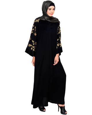 Modest Forever  Black Embroidered Satin Stitched Islamic Abaya 2