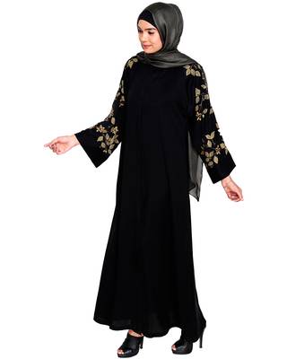 Modest Forever  Black Embroidered Satin Stitched Islamic Abaya 3