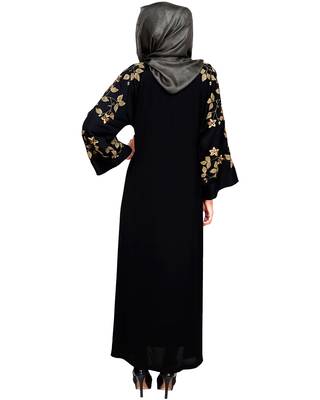 Modest Forever  Black Embroidered Satin Stitched Islamic Abaya 4