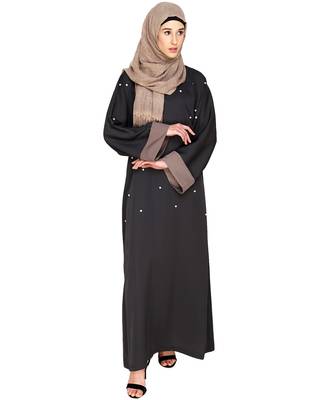 Modest Forever  Grey Plain Satin Nida Stitched Islamic Abaya 1