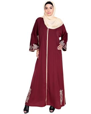 Modest Forever  Deep Wine Embroidered Satin Nida Stitched Islamic Abaya 1