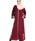 Modest Forever  Deep Wine Embroidered Satin Nida Stitched Islamic Abaya