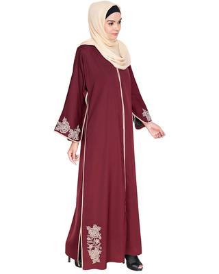 Modest Forever  Deep Wine Embroidered Satin Nida Stitched Islamic Abaya 2