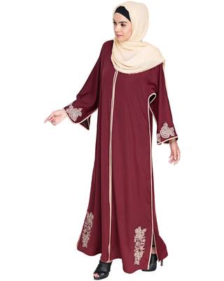 Modest Forever  Deep Wine Embroidered Satin Nida Stitched Islamic Abaya 3