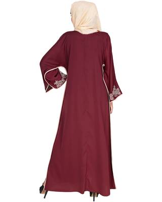 Modest Forever  Deep Wine Embroidered Satin Nida Stitched Islamic Abaya 4