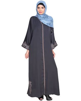 Modest Forever  Drak Grey Embroidered Satin Nida Stitched Islamic Abaya 1