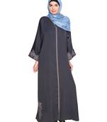 Modest Forever  Drak Grey Embroidered Satin Nida Stitched Islamic Abaya