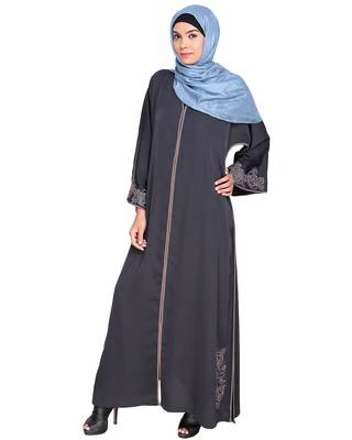 Modest Forever  Drak Grey Embroidered Satin Nida Stitched Islamic Abaya 2