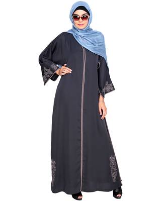 Modest Forever  Drak Grey Embroidered Satin Nida Stitched Islamic Abaya 3