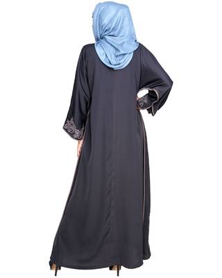 Modest Forever  Drak Grey Embroidered Satin Nida Stitched Islamic Abaya 4