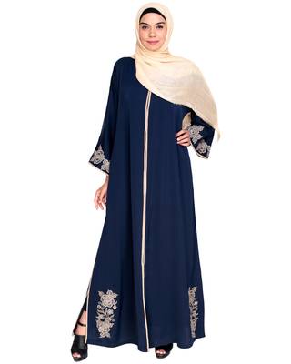 Modest Forever  Dark Blue Embroidered Satin Nida Stitched Islamic Abaya 1