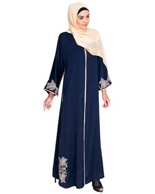 Modest Forever  Dark Blue Embroidered Satin Nida Stitched Islamic Abaya 2
