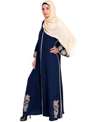 Modest Forever  Dark Blue Embroidered Satin Nida Stitched Islamic Abaya 3