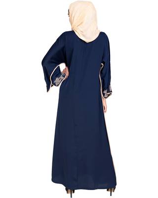Modest Forever  Dark Blue Embroidered Satin Nida Stitched Islamic Abaya 4