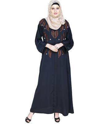 Modest Forever  Deep Blue Embroidered Satin Nida Stitched Islamic Abaya 1
