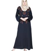 Modest Forever  Deep Blue Embroidered Satin Nida Stitched Islamic Abaya