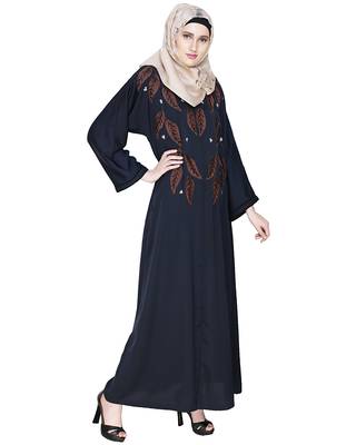 Modest Forever  Deep Blue Embroidered Satin Nida Stitched Islamic Abaya 2