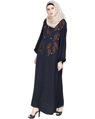Modest Forever  Deep Blue Embroidered Satin Nida Stitched Islamic Abaya 3