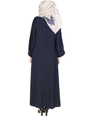 Modest Forever  Deep Blue Embroidered Satin Nida Stitched Islamic Abaya 4