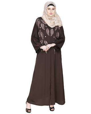Modest Forever  Dark Brown Embroidered Satin Nida Stitched Islamic Abaya 1