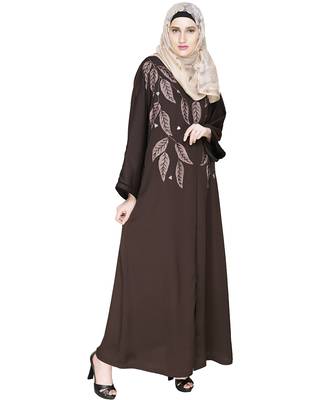 Modest Forever  Dark Brown Embroidered Satin Nida Stitched Islamic Abaya 2