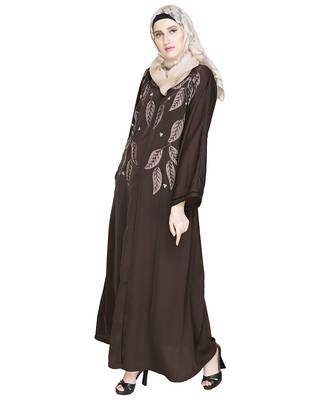 Modest Forever  Dark Brown Embroidered Satin Nida Stitched Islamic Abaya 3