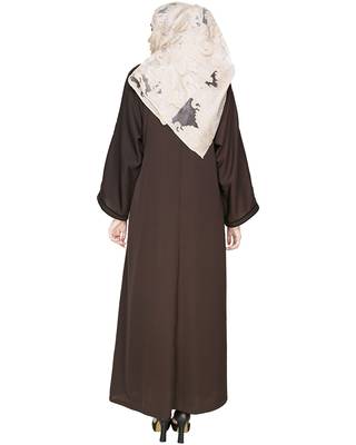 Modest Forever  Dark Brown Embroidered Satin Nida Stitched Islamic Abaya 4