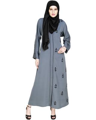 Modest Forever  Grey  Embroidered Satin Nida Stitched Islamic Abaya 1