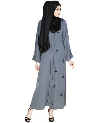 Modest Forever  Grey  Embroidered Satin Nida Stitched Islamic Abaya 2