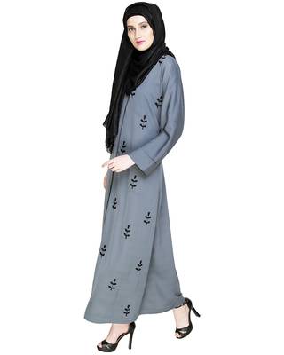 Modest Forever  Grey  Embroidered Satin Nida Stitched Islamic Abaya 3