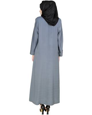 Modest Forever  Grey  Embroidered Satin Nida Stitched Islamic Abaya 4