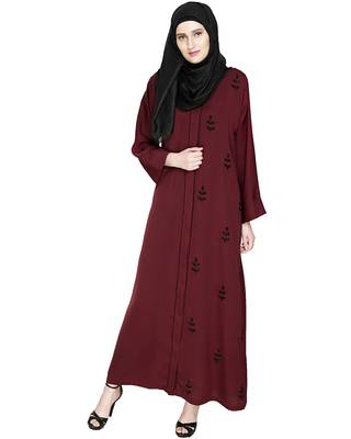 Modest Forever  Wine Embroidered Satin Nida Stitched Islamic Abaya 1