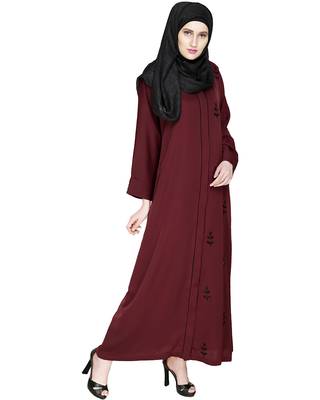 Modest Forever  Wine Embroidered Satin Nida Stitched Islamic Abaya 2
