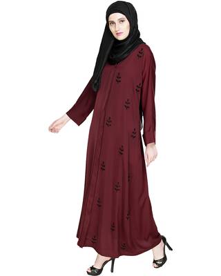 Modest Forever  Wine Embroidered Satin Nida Stitched Islamic Abaya 3