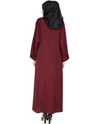 Modest Forever  Wine Embroidered Satin Nida Stitched Islamic Abaya 4