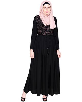 Modest Forever  Black Embroidered Satin Nida Stitched Islamic Abaya 1