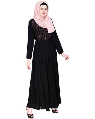 Modest Forever  Black Embroidered Satin Nida Stitched Islamic Abaya 2