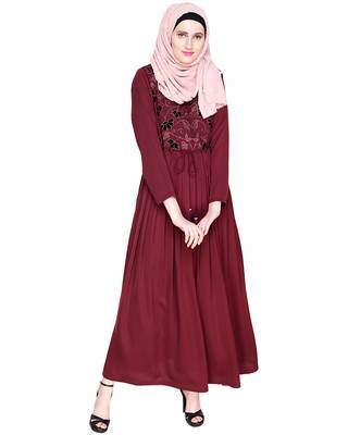 Modest Forever  Wine Embroidered Satin Nida Stitched Islamic Abaya 1
