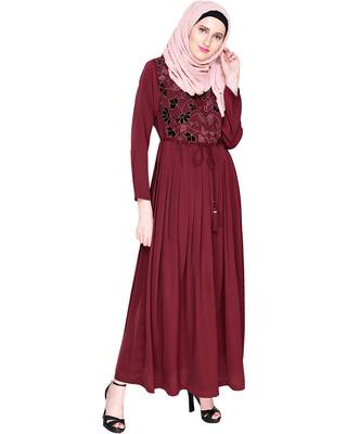 Modest Forever  Wine Embroidered Satin Nida Stitched Islamic Abaya 2