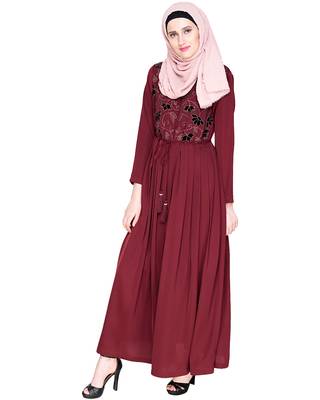 Modest Forever  Wine Embroidered Satin Nida Stitched Islamic Abaya 3