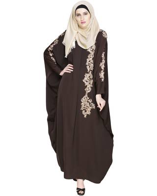 Modest Forever  Dark Brown Embroidered Satin Nida Stitched Islamic Abaya 1