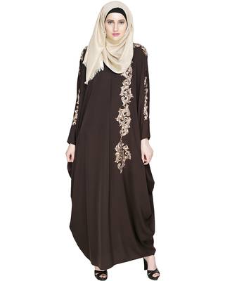 Modest Forever  Dark Brown Embroidered Satin Nida Stitched Islamic Abaya 2