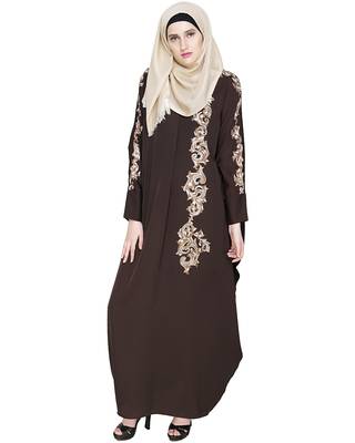 Modest Forever  Dark Brown Embroidered Satin Nida Stitched Islamic Abaya 3