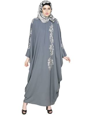 Modest Forever  Grey Embroidered Satin Nida Stitched Islamic Abaya 1