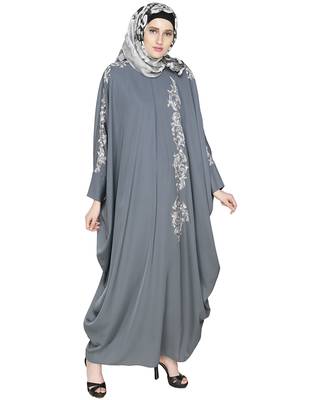 Modest Forever  Grey Embroidered Satin Nida Stitched Islamic Abaya 2